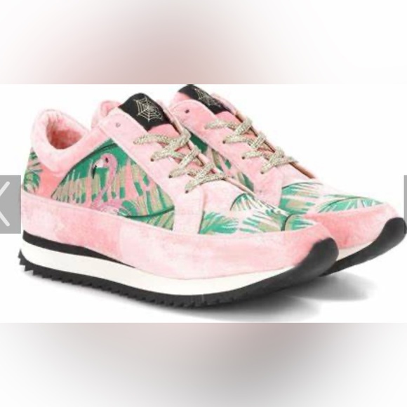 NWOT Charlotte Olympia Velvet Work It! Flamingo Sneakers in Pink and Green - Picture 1 of 6